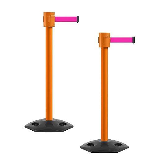 Montour Line MSR760 Set of 2 Retractable Belt Barrier Stanchion, Rubber Base, Orange Post (35 ft Fluorescent Pink Belt)
