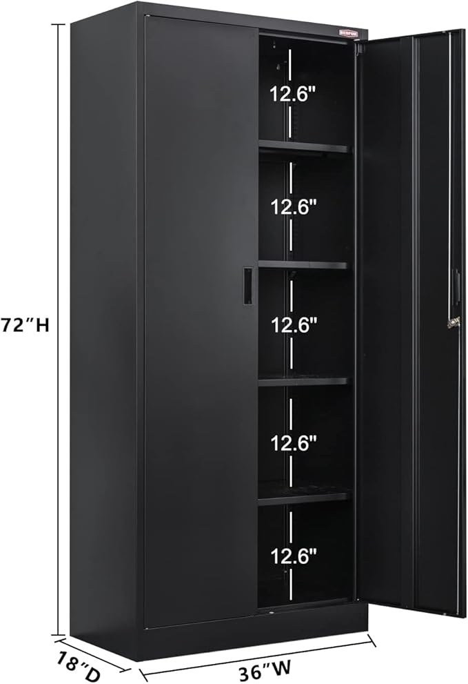 BESFUR Metal Storage Cabinet, 72" H x 36" W x 18" D Garage Storage Cabinet, Adjustable Shelves and Locking Doors for Office, School, Garage - Black