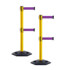 Crowd Control Warehouse CCW Set of 2 Retractable Dual Belt Stanchion Safety Barrier, Heavy-Duty Rubber Base Yellow Post, WBB-200D (7.5 Foot Belt, Purple Belt)