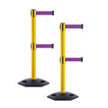 Crowd Control Warehouse CCW Set of 2 Retractable Dual Belt Stanchion Safety Barrier, Heavy-Duty Rubber Base Yellow Post, WBB-200D (9 Foot Belt, Purple Belt)