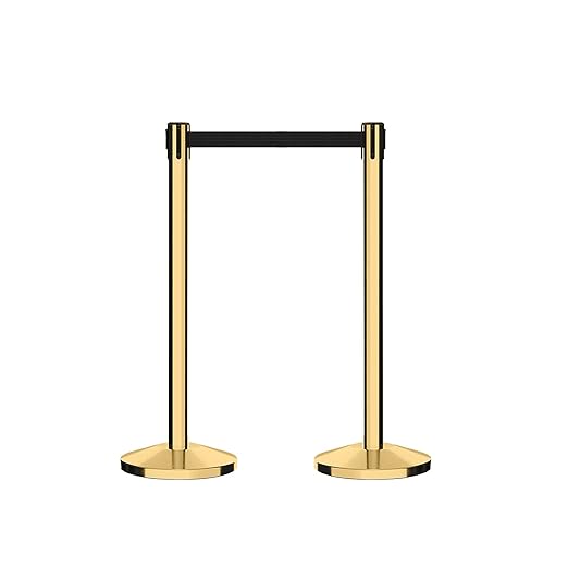 CCW Series RBB-100 - Set of 2 Stanchion Retractable Belt Barriers (11 Foot Belt, Black with Horizontal Blue Stripe Belt with Polished Brass Post)
