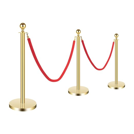 6-Piece Gold Stanchion Posts, Stanchions with Red Velvet Ropes Set & Ball Head with 4 Universal Holes, Stainless Steel Gold Stanchions for Party, Museums, Wedding, Easy Connect Assembly