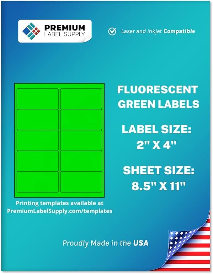 Premium Label Supply Bright Neon Color Fluorescent Stickers - 2" x 4" Labels - (Green Fluorescent, 1000 Labels)