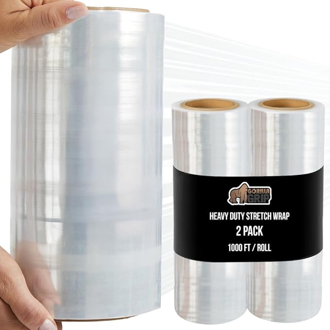 GORILLA GRIP 500% Stretch Film Heavy Duty Plastic, 2 Pack 1000ft Shrink Wrap Rolls 10" Puncture Resistant, Industrial Strength for Pallet Storing, Wrapping, Moving, Packing Furniture Protection Clear