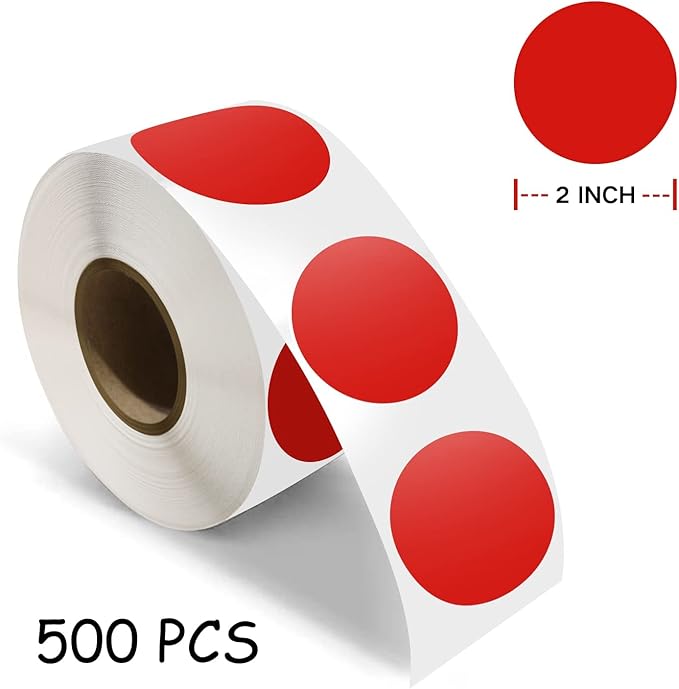 500 PCS Dot Sticker Tape 2" Inch Round Color Coding Labels Removable Writable Circle Floor Decal for Marking Organizing Social Distancing Red