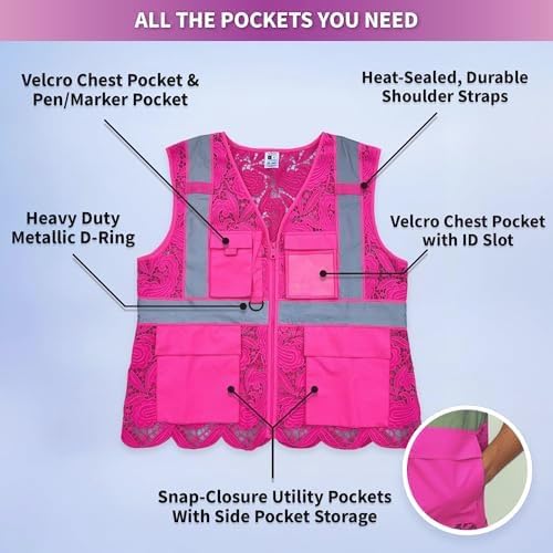 Lace-Mesh Safety Vest for Women & Men - Breathable, High Visibility Vest with Zipper & ANSI Class 2 Reflective Strips
