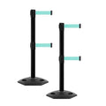 CCW Series WBB-200D - Set of 2 Retractable Dual Belt Barrier Stanchion, Heavy Duty Rubber Base, Black Post (9 Foot Belt, Light Green Belt)