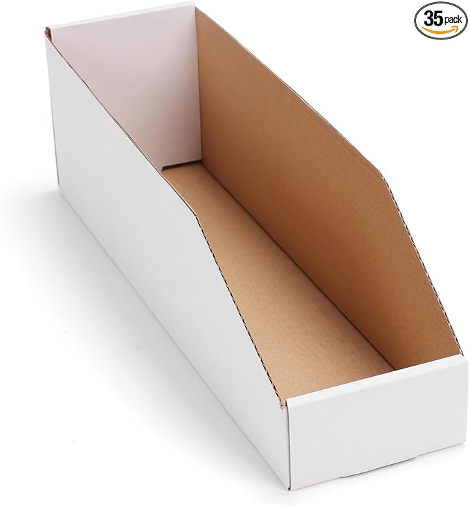 EXYGLO Cardboard Storage Bins 35 Pack, 15x4x4.5 Inch Cardboard Boxes, Corrugated Organizer Bins for Pantry, Shelves, Garage, Office, Shop, White