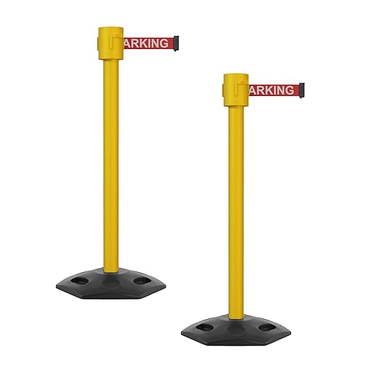 Montour Line MSR760 Set of 2 Retractable Belt Barrier Stanchion, Rubber Base, Yellow Post (35 ft Red with"NO Parking" White Letters Belt)