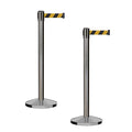 CCW Series RBB-100 - Set of 2 Stanchion Retractable Belt Barriers (7.5 Foot Belt, Black and Yellow Diagonal Belt with Satin Stainless Steel Post)