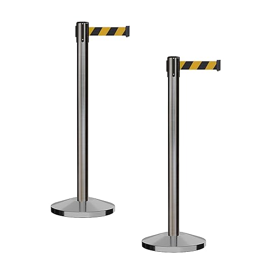 CCW Series RBB-100 - Set of 2 Stanchion Retractable Belt Barriers (11 Foot Belt, Black and Yellow Diagonal Belt with Satin Stainless Steel Post)