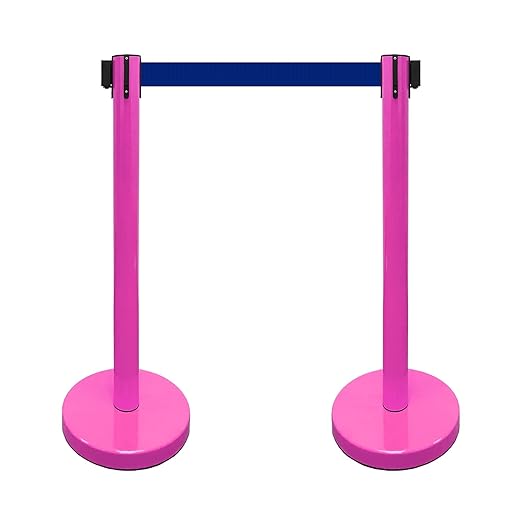 VIP Crowd Control Retractable Belt Stanchion Queue Safety Barrier Set, 36" Ht, 78" Belt (2 M.Pink Posts Blue Belt)