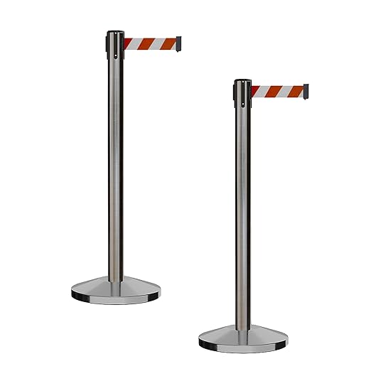 CCW Series RBB-100 - Set of 2 Stanchion Retractable Belt Barriers (9 Foot Belt, Red and White Diagonal Belt with Satin Stainless Steel Post)