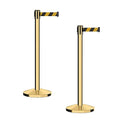 CCW Series RBB-100 - Set of 2 Stanchion Retractable Belt Barriers (9 Foot Belt, Black and Yellow Diagonal Belt with Polished Brass Post)