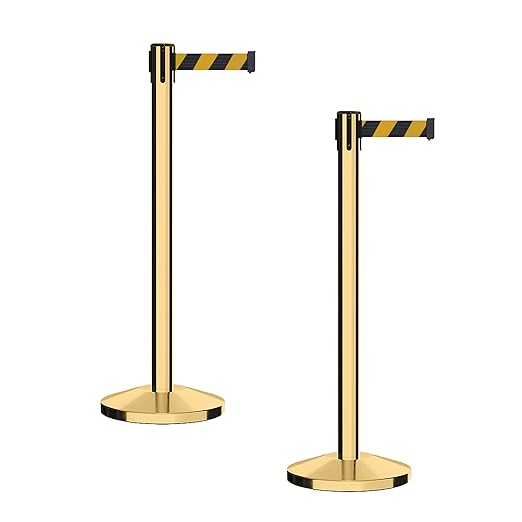 CCW Series RBB-100 - Set of 2 Stanchion Retractable Belt Barriers (11 Foot Belt, Black and Yellow Diagonal Belt with Polished Brass Post)