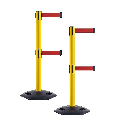 Crowd Control Warehouse CCW Set of 2 Retractable Dual Belt Stanchion Safety Barrier, Heavy-Duty Rubber Base Yellow Post, WBB-200D (11 Foot Belt, Red Belt)