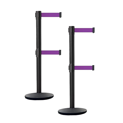 Crowd Control Warehouse CCW Set of 2 Dual Retractable Belt Barrier Stanchion, Cast Iron Base Black Post, IRBB-100D (11 Belt, Purple Belt)
