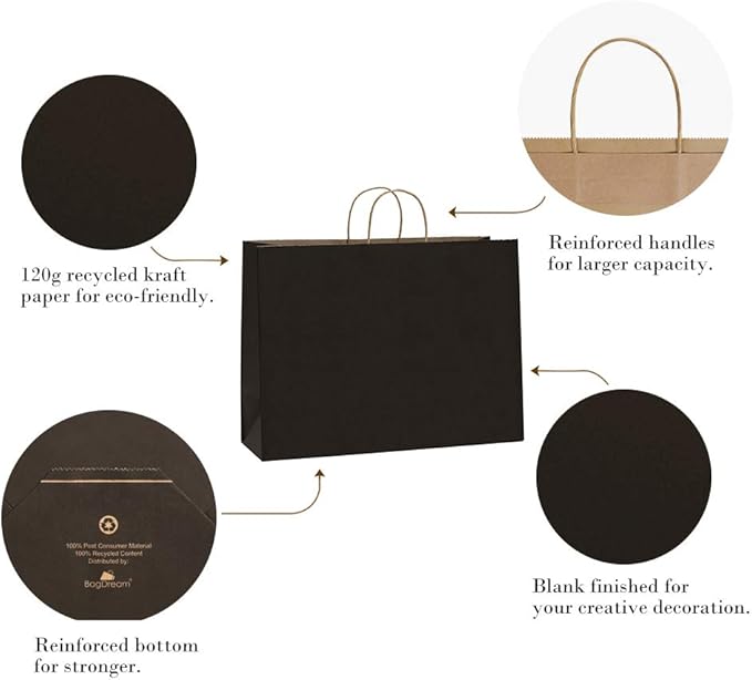 BagDream 100Pcs 16x6x12 Inches Kraft Paper Bags with Handles Bulk, Large Shopping Bags for Gifts, Grocery, Merchandise, Party Favor, Take-out, Recycled Black Black Paper Sacks