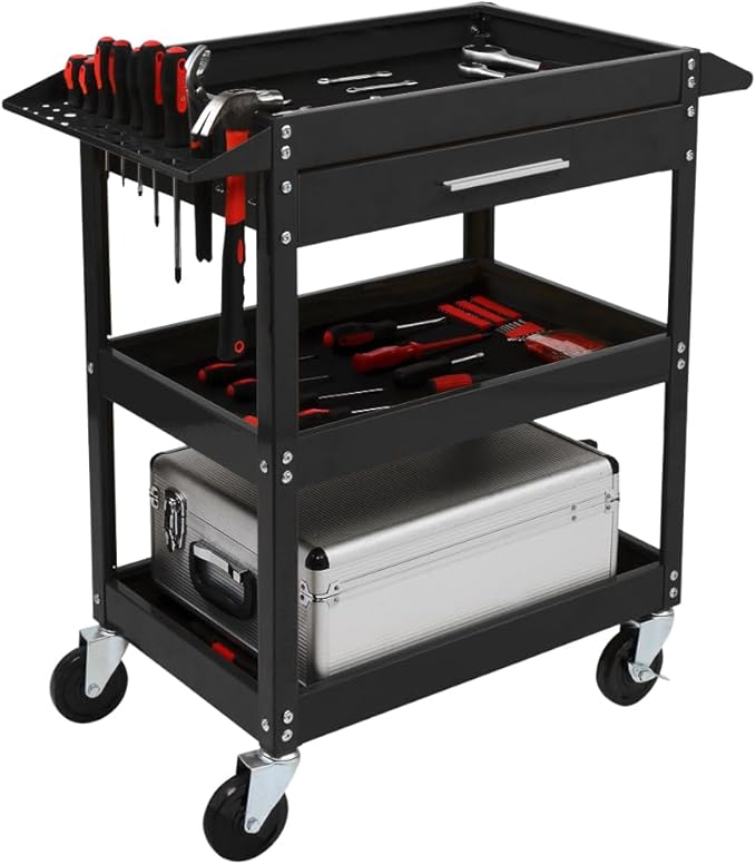 TUFFIOM 3 Tier Rolling Tool Cart with Drawer, Tool Service Cart on Wheels w/2 Brake, 330 LBS Capacity Industrial Heavy Duty Utility Cart, Tool Organizer for Mechanic, Garage, Warehouse & Repair Shop