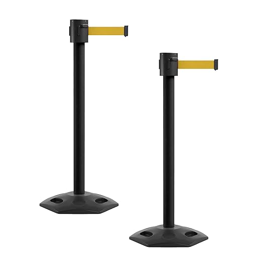 Montour Line MSR760 Set of 2 Retractable Belt Barrier Stanchion, Rubber Base, Black Powder Coated Post (35 ft Yellow Belt)