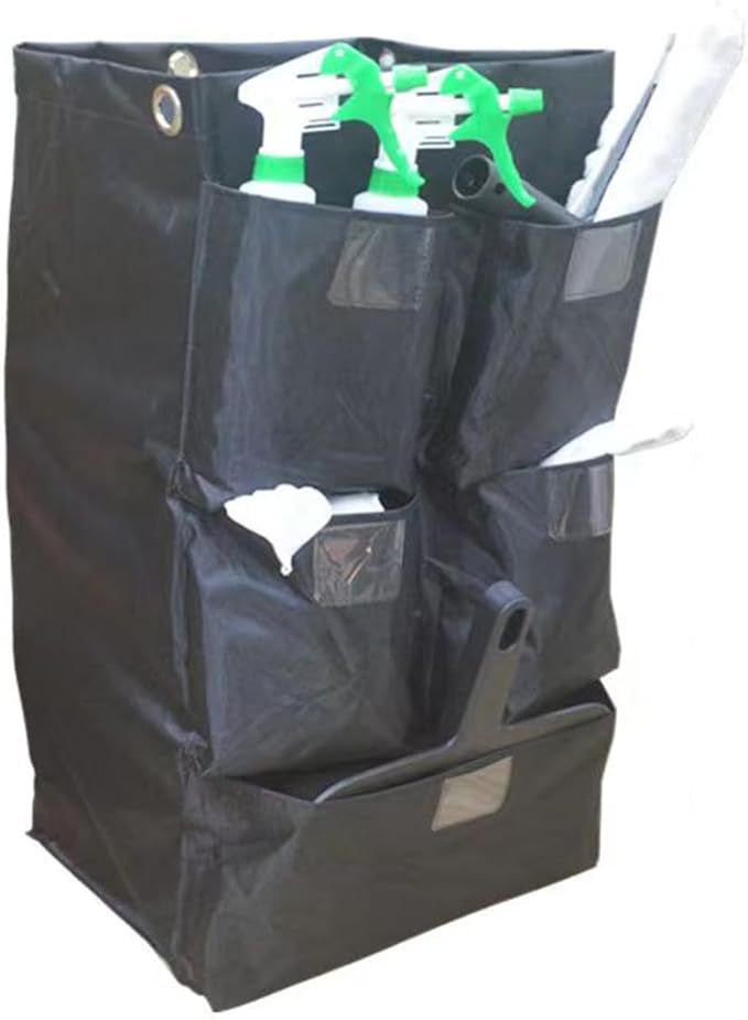 Replacement Janitorial Cart Bag with 5 Pockets,25 Gallon Housekeeping cart Bag High Capacity Waterproof Thickened Commercial Janitorial Cleaning Cart Bag with 6 Brass Grommets