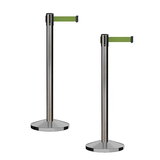 CCW Series RBB-100 - Set of 2 Stanchion Retractable Belt Barriers (9 Foot Belt, Olive Belt with Satin Stainless Steel Post)