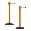 Montour Line MSR760 Set of 2 Retractable Belt Barrier Stanchion, Rubber Base, Orange Post (35 ft Light Green Belt)