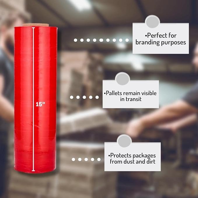 PSBM Red Stretch Wrap, 1 Pack, 15 Inch x 1500 Feet, 80 Gauge, Plastic Cling Dark Color Hand Stretch Film Rolls for Packaging Moving Packing Pallets