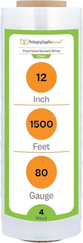 PSBM 4 Rolls 12 Inch x 1500 Feet 80 Gauge Stretch Film/Wrap Heavy Duty, Industrial Strength Clear Shrink Wrap for Shipping, Packaging, Moving, Bundling or Storage