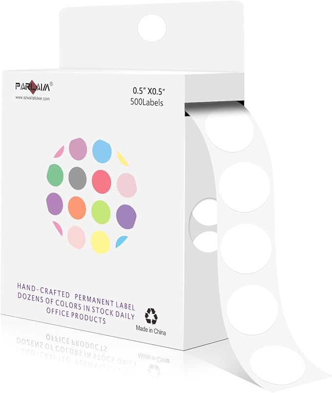 PARLAIM 1/2 Inch Round Adhesive Color-Code Dot Stickers,500 Stickers Inventory Dots Label in Dispenser Box,White Circle Coding Labels for Office Home(White)