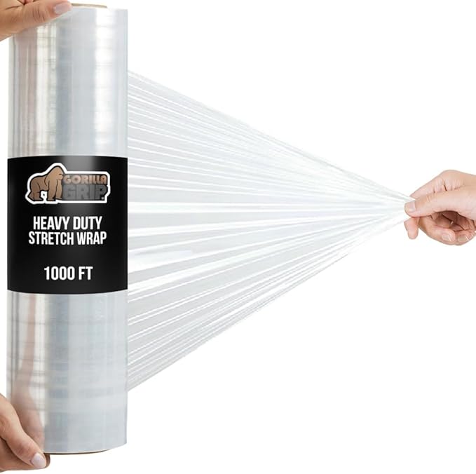 GORILLA GRIP 500% Stretch Film Heavy Duty Plastic, 1000ft Shrink Wrap Roll 17" Puncture Resistant, Industrial Strength for Shipping, Pallet Storing, Moving, Packing Furniture Protection 1 Pack Clear