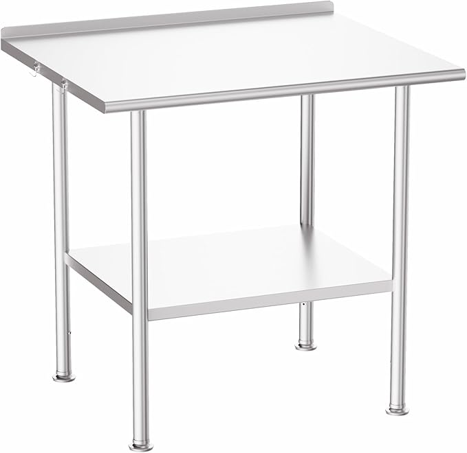 All-Stainless Steel Prep Table, 30 X 36 Inch, with Rounded-Corner Backsplash and Adjustable Undershelf, Heavy-Duty for Outdoor Use,Restaurants,Hotels,Workshops,Kitchens,Gardens, and Garages