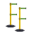 Crowd Control Warehouse CCW Set of 2 Retractable Dual Belt Stanchion Safety Barrier, Heavy-Duty Rubber Base Yellow Post, WBB-200D (11 Foot Belt, Green Belt)