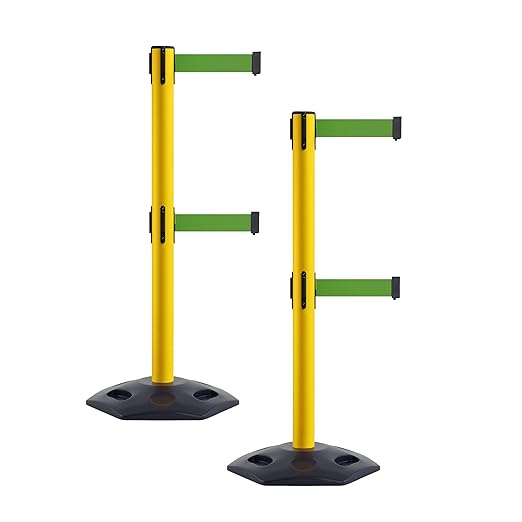 Crowd Control Warehouse CCW Set of 2 Retractable Dual Belt Stanchion Safety Barrier, Heavy-Duty Rubber Base Yellow Post, WBB-200D (11 Foot Belt, Green Belt)