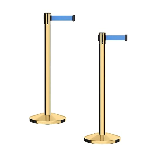 CCW Series RBB-100 - Set of 2 Stanchion Retractable Belt Barriers (11 Foot Belt, Light Blue Belt with Polished Brass Post)
