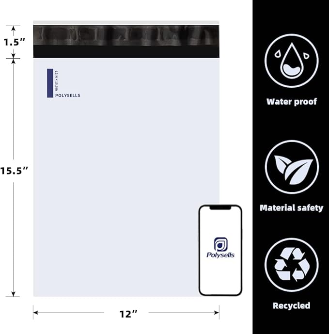 POLYSELLS 500 Pcs 12x15.5 Inch White Poly Mailers Shipping Envelopes, Strong Adhesive Sealing, Waterproof, and Tear-resistant Postal Mailing Bags for Clothing, Books, and Accessories