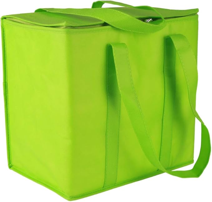Ezek Reusable Insulated Grocery Bags in Green, Stand Upright, Double The Sturdy Zipper, Eco-Friendly Heavy Duty Non-Woven Reinforced Bottom & Handles.