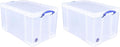 Really Useful Box 84 Liters Storage Container with Snap Lid and Clip Lock Handle for Lidded Home and Item Storage Bins, 2 Pack, Clear