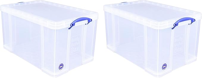 Really Useful Box 84 Liters Storage Container with Snap Lid and Clip Lock Handle for Lidded Home and Item Storage Bins, 2 Pack, Clear