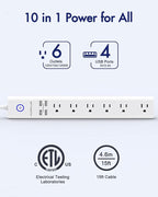 15 Ft Power Strip Surge Protector, 6 Outlets and 4 USB Ports, Flat Plug Power Strips Long Extension Cord with Overload Protection, Wall Mount for Home, Office, Dorm, ETL Listed