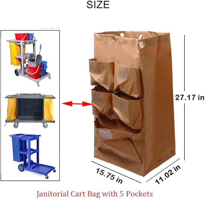 Large Capacity Waterproof Janitorial Cart Bag with 6 Brass Grommets, 25 Gallon, Brown with 5 Pockets