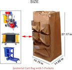 Large Capacity Waterproof Janitorial Cart Bag with 6 Brass Grommets, 25 Gallon, Brown with 5 Pockets