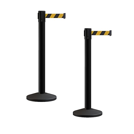 Crowd Control Warehouse CCW Series RBB-150 - Set of 2 Stanchion Retractable Belt Barriers - 16 Foot, Black & Yellow Diagonal Belt with Black Steel Post - Easy Assembly