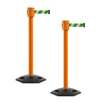 Montour Line MSR760 Set of 2 Retractable Belt Barrier Stanchion, Rubber Base, Orange Post (35 ft Green and White Diagonal Belt)