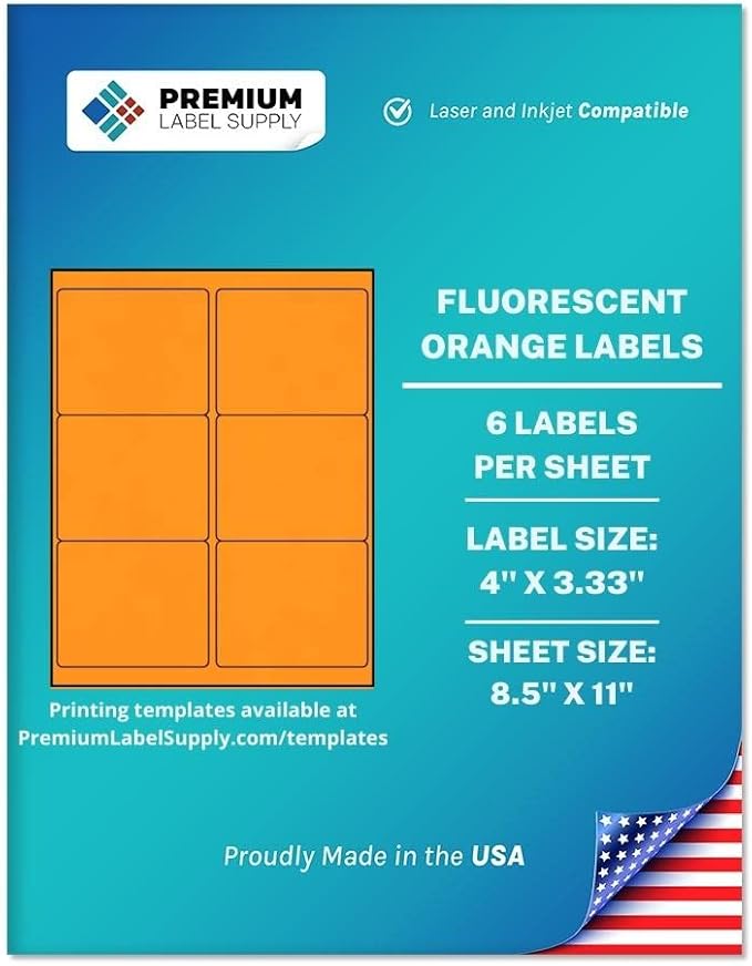 Premium Label Supply Bright Neon Color Fluorescent Stickers - 4" x 3.33" Labels - (Fluorescent Orange, 600 Labels)