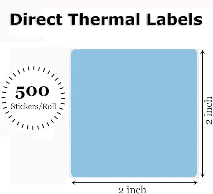 2" x 2" Thermal Labels Stickers Blue, Square Thermal Shipping Stickers, Multipurpose Inventory Self-Adhesive Direct Thermal Label for Small Business (500 Labels/Roll)