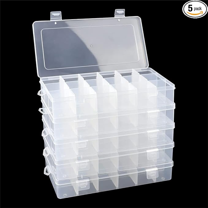 5 Pack 18 Compartment Organizer Box with Parkical Adjustable Dividers, 18 Grids Plastic Storage Container for Jewelry, Craft DIY, Bead Organizer, Sewing, Dip Powder, Hair Accessories