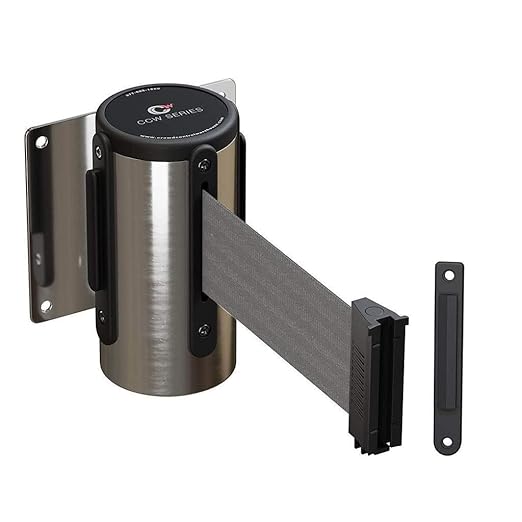 Crowd Control Warehouse - CCW Series WMB-120 Fixed Wall Mount Retractable Belt Barrier - 11 Foot, Light Grey Belt with Stainless Steel Case