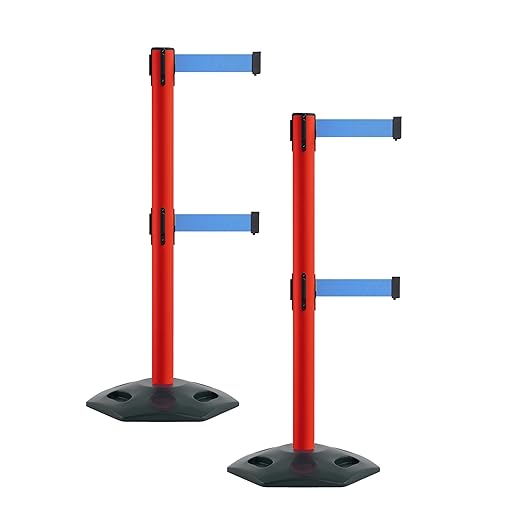 Montour Line MSR630D Set of 2 Retractable Belt Barrier Stanchion, Heavy-Duty Rubber Base, Red Post (13 ft Light Blue Dual Belt)