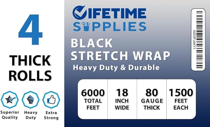 4 Rolls x 18 Inch x 1500 FT x 80 Gauge [Upgraded] Black Premium Stretch Wrap, Heavy Duty Shrink Film for Shipping, Moving, Sealing - Stronger & Thicker, Durable